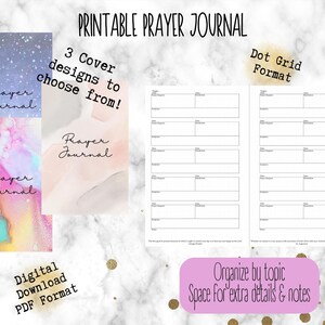 Puede incluir: Diario de oración imprimible con tres diseños de portada diferentes. El diario tiene un formato de cuadrícula de puntos y está diseñado para organizar las oraciones por tema. El texto "Organizar por tema" y "Espacio para detalles y notas adicionales" está impreso en la parte inferior de la página.