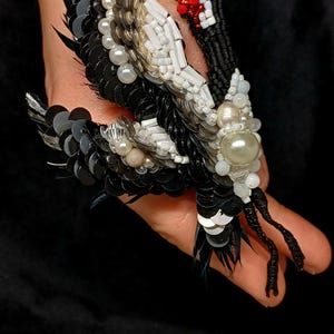 Handmade Stork Brooch – Beaded Black and White Bird Pin with Pearls and Sequins | Symbolic Jewelry | Gift for Her | Statement Accessory