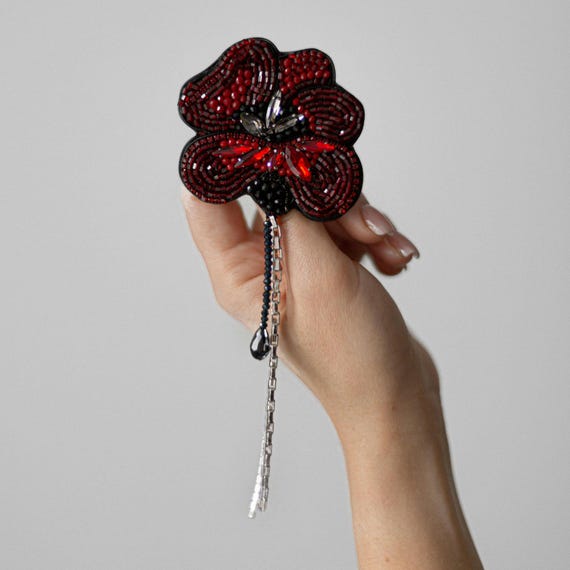 Handmade Beaded Flower Brooch – Red & Black Poppy | Elegant  display picture 3