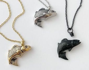 Fish memorial urn charm necklace - silver, gold, rose gold, black