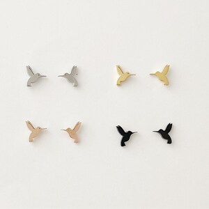 Hummingbird stud earrings, gold, rose gold, silver, black