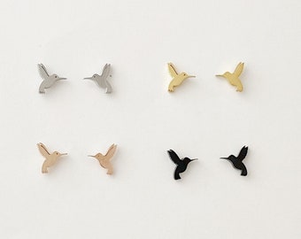 Hummingbird stud earrings, gold, rose gold, silver, black