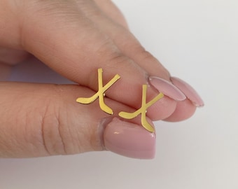 Hockey stick stud earrings, hockey mom earrings, sport team gold, rose gold, silver, black