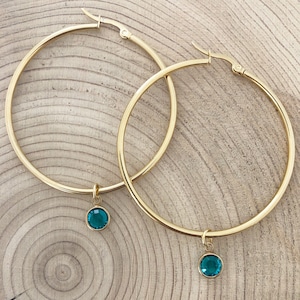 Hoop earrings with birthstone charm, silver hoops, gold hoops, rose gold hoops, large hoops, small hoops