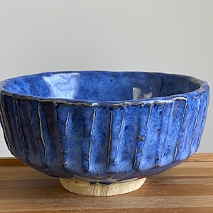 bright blue kurinuki chawan tea bowl / handbuilt ceramic matcha / snack bowl / 12 oz / sominceramics image 1