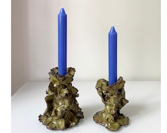 set of 2 green sculptural ceramic candle holder / handmade / SPAIN / sominceramics