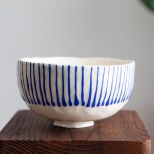 sominceramics / pinched handmade blue striped smal chawan bowl / l snack soup rice cereal bowl  / 5" x 3"