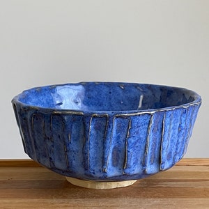 bright blue kurinuki chawan tea bowl / handbuilt ceramic matcha / snack bowl / 12 oz / sominceramics image 4