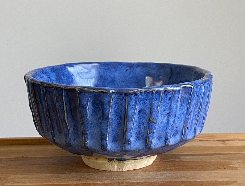 bright blue kurinuki chawan tea bowl / handbuilt ceramic matcha / snack bowl / 12 oz / sominceramics image 1