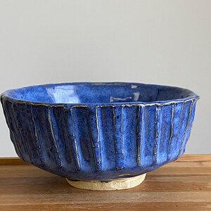bright blue kurinuki chawan tea bowl / handbuilt ceramic matcha / snack bowl / 12 oz / sominceramics image 5