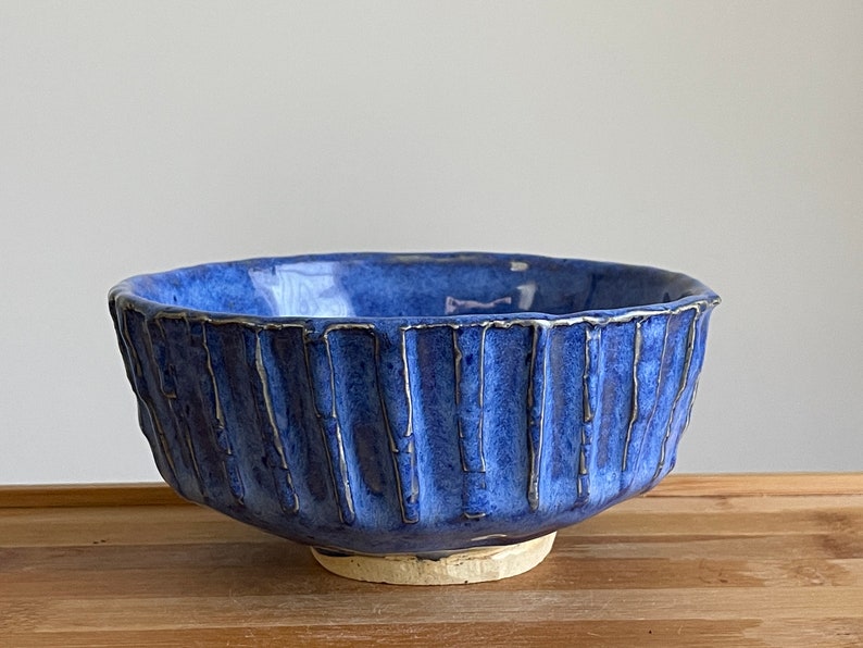 bright blue kurinuki chawan tea bowl / handbuilt ceramic matcha / snack bowl / 12 oz / sominceramics image 5