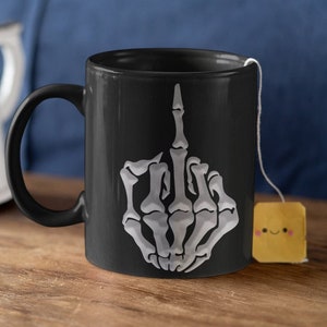 Skeleton Middle Finger Mug, Funny Mugs, Black Skeleton Coffee Mug, Gift for Him