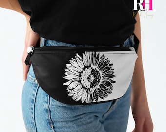 Heuptasje zonnebloem, zwart-witte heuptas met bloemen, minimalistische botanische heuptas