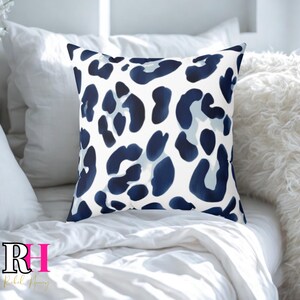 Blue Leopard Print Throw Pillow, Navy Watercolor Cheetah Cushion, Coastal Farmhouse Accent