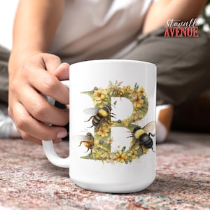Caneca de abelha, caneca de café personalizada, xícara de café com letra B, presente para amantes de abelhas, caneca de abelha com monograma, caneca com letra inicial, presente para ela