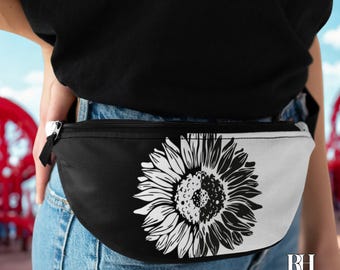 Riñonera de girasol, bolso de cinturón floral blanco y negro, bolso de cintura botánico minimalista