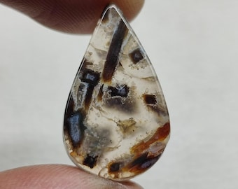 May include: A teardrop-shaped gemstone with a clear base, displaying intricate patterns of brown, black, and white. The stone is held between two fingers, highlighting its unique colour variations and natural design.