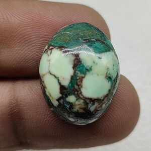 May include: Oval-shaped gemstone with a mix of light green, dark green, and brown colors. The stone has a polished surface and a unique pattern, possibly a type of turquoise or similar mineral. The gemstone is held between fingers.