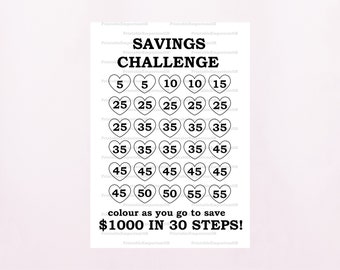 Money Saving Challenge Printable. Save 1,000 in 30 STEPS! Savings Tracker. Savings Planner