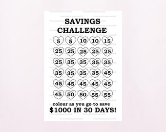 Money Saving Challenge Printable. Save 1,000 in 30 Days! Savings Tracker. Savings Planner