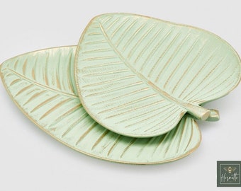 Green Leaf Wood Tray Set: Decorative Vanity Organizer
