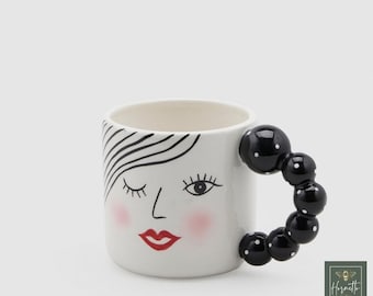 Large Stoneware Coffee Mug: Polka Dot Handle, Face Gift Mug