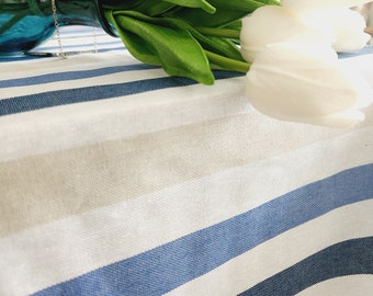 COATED Rectangle Tablecloth, Waterproof Striped Tablecloth, French Oilcloth, Party Table Cover, Blue, Beige Table cloth, Nautical Decor