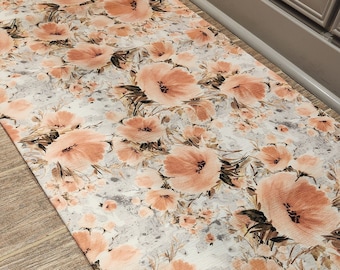 Peach Poppy Floral Runner Rug: French Country Vintage Style