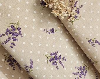 French Country Round Tablecloth: 70'' Lavender Flowers, Beige Polka Dot