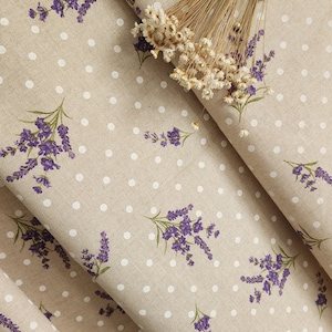 French Round Tablecloth 70'' Diameter Lavender Flowers Polka Dots. Beige Circle Round Table cloth. Table Cover Vintage French Country Decor