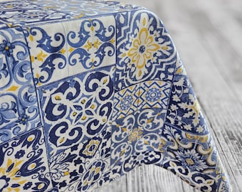 Italian Cotton Tablecloth – Blue Majolica Tile Print – Amalfi Coast Kitchen Decor - Mediterranean Dining Tablecloth