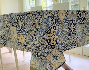 Italian Tablecloths, Blue Majolica Tiles Pattern Table Cloth, Cotton Extra Large Rectangle Table cloth, Amalfi Coast Theme, Positano Party