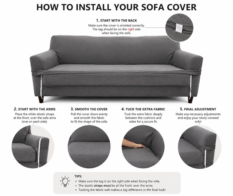 May include: Diagram illustrating how to install a sofa cover. The image shows a gray sofa with a cover being applied. Instructions include starting with the back, arms, smoothing the cover, tucking the extra fabric, and final adjustments.