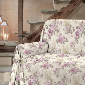 Cottage Chic Pink Roses Sofa Cover, Chair Slip Cover, Sofa Scarf, Living Room Furniture Couch Cover Farmhouse French Decor Shabby Chic Sofa