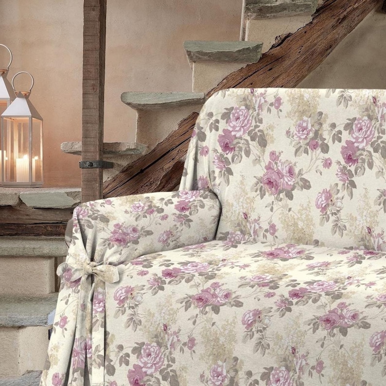 Funda para sofá con rosas rosas: Funda para sofá estilo granja rústica imagen 1