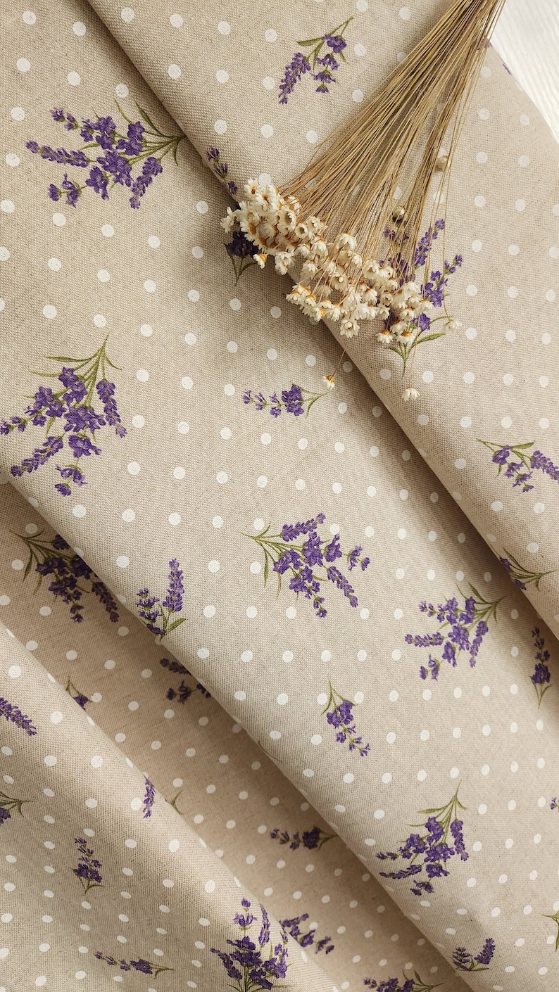 French Round Tablecloth 70'' Diameter Lavender Flowers Polka Dots. Beige Circle Round Table cloth. Table Cover Vintage French Country Decor
