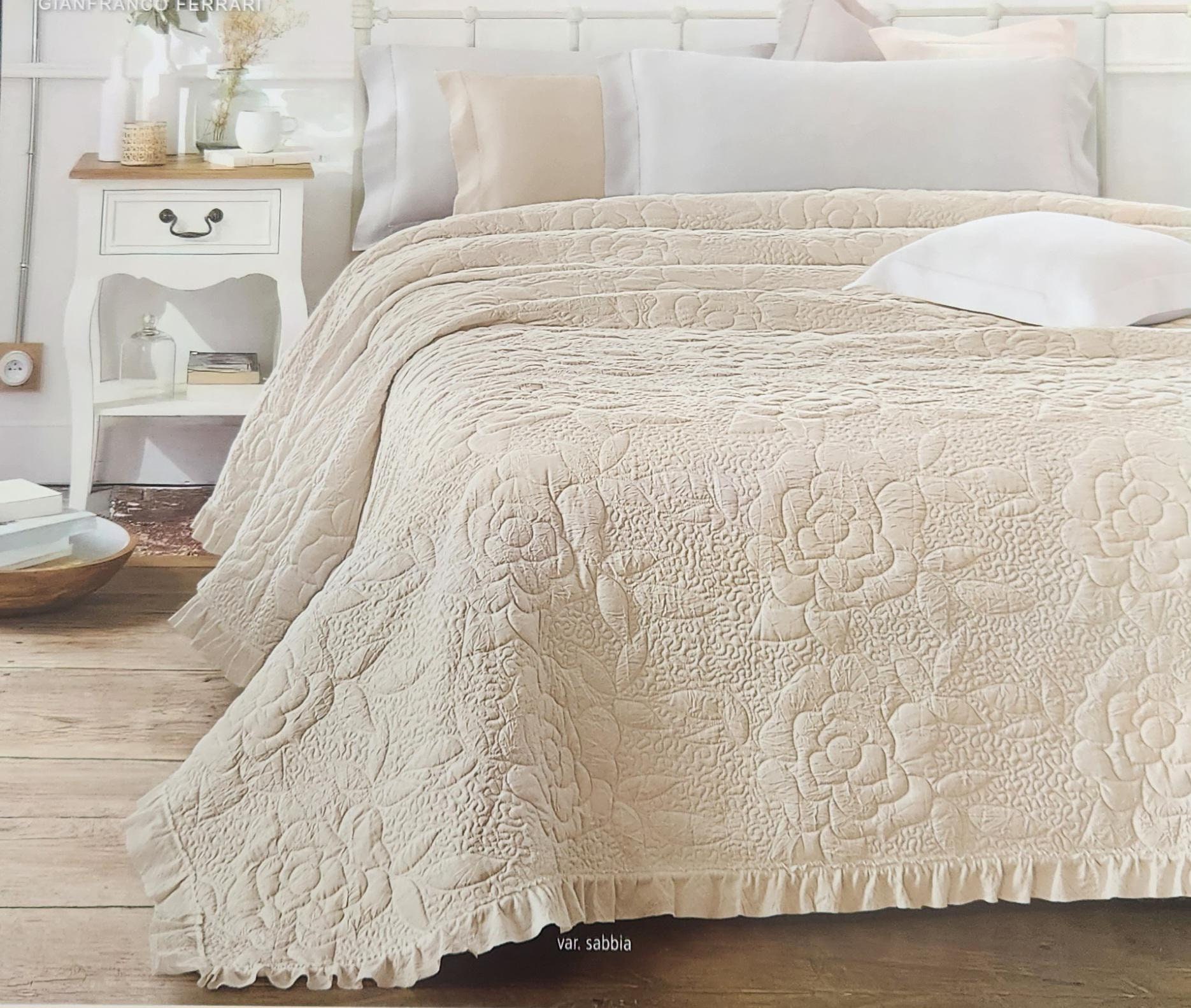 Capecchi Italy Luxurious Queen Coverlet Quilted Solid White Diamond Piquet With Embroidered White Fleur De Lis French Lilles