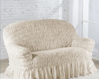 Beige Stretch Sofa Cover – Ruffled Cotton Blend Slipcover, Made in Italy