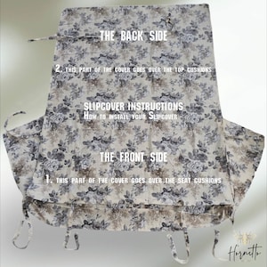 Puede incluir: Una funda de sof&aacute; blanca con un patr&oacute;n floral en tonos grises y marrones. La funda est&aacute; dise&ntilde;ada para un sof&aacute; o un sof&aacute; de dos plazas y tiene instrucciones sobre c&oacute;mo instalarla. El texto en la funda dice "The Back Side", "This part of the cover goes over the top cushions", "Slipcover Instructions", "How to install your slipcover", "The Front Side", y "This part of the cover goes over the seat cushions".