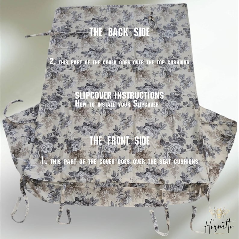 Puede incluir: Una funda de sof&aacute; blanca con un patr&oacute;n floral en tonos grises y marrones. La funda est&aacute; dise&ntilde;ada para un sof&aacute; o un sof&aacute; de dos plazas y tiene instrucciones sobre c&oacute;mo instalarla. El texto en la funda dice "The Back Side", "This part of the cover goes over the top cushions", "Slipcover Instructions", "How to install your slipcover", "The Front Side", y "This part of the cover goes over the seat cushions".