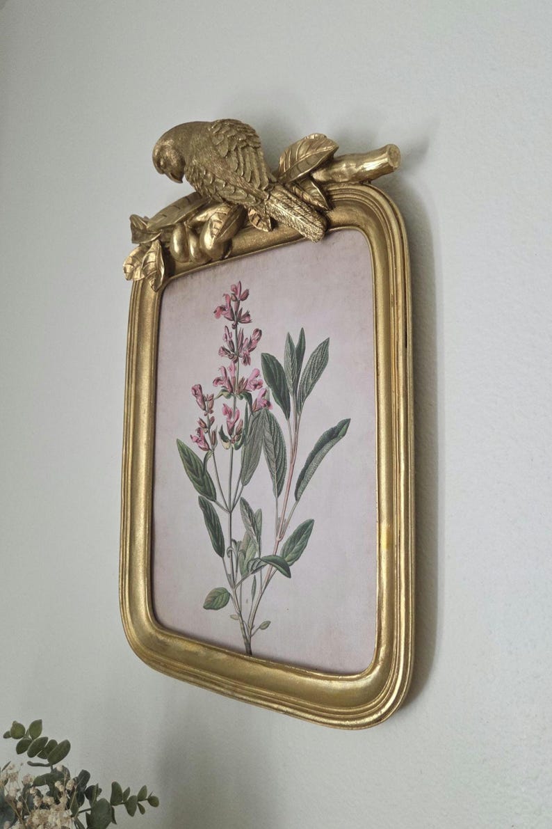 Ornate Gold & Green Parrot Picture Frame – 5x7 Tabletop - 11x14 Wall, Vintage / French Country Decor
