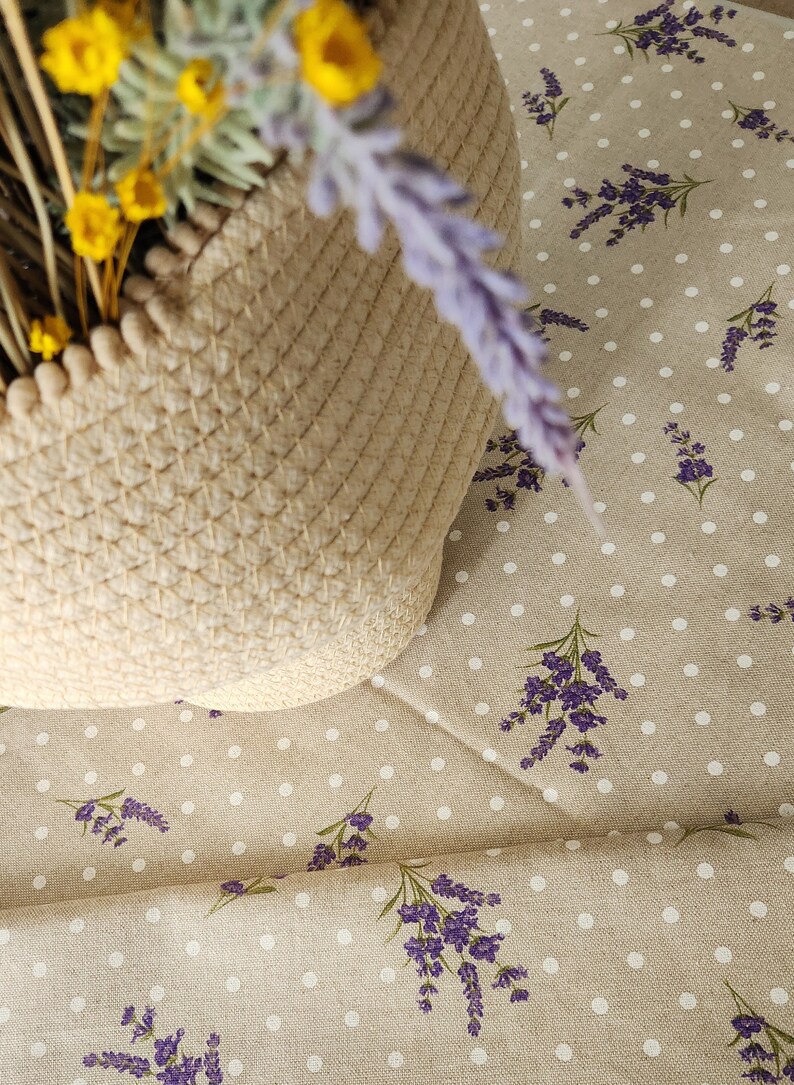 French Round Tablecloth 70'' Diameter Lavender Flowers Polka Dots. Beige Circle Round Table cloth. Table Cover Vintage French Country Decor