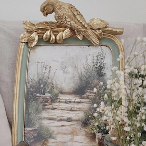 Gold & Green Frame, Parrot Pattern, Versatile Display Wall and Tabletop High-Quality Ornate Decorative Frame Wall Gallery Vintage Framed Art