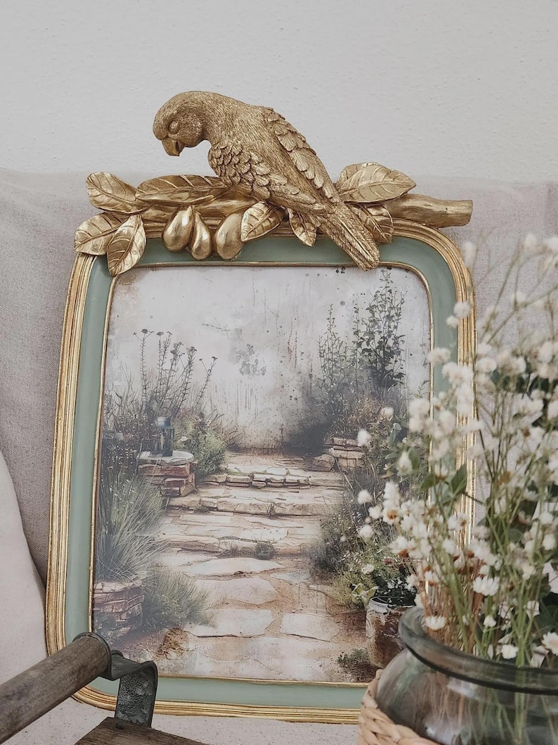 Gold & Green Frame, Parrot Pattern, Versatile Display Wall and Tabletop High-Quality Ornate Decorative Frame Wall Gallery Vintage Framed Art