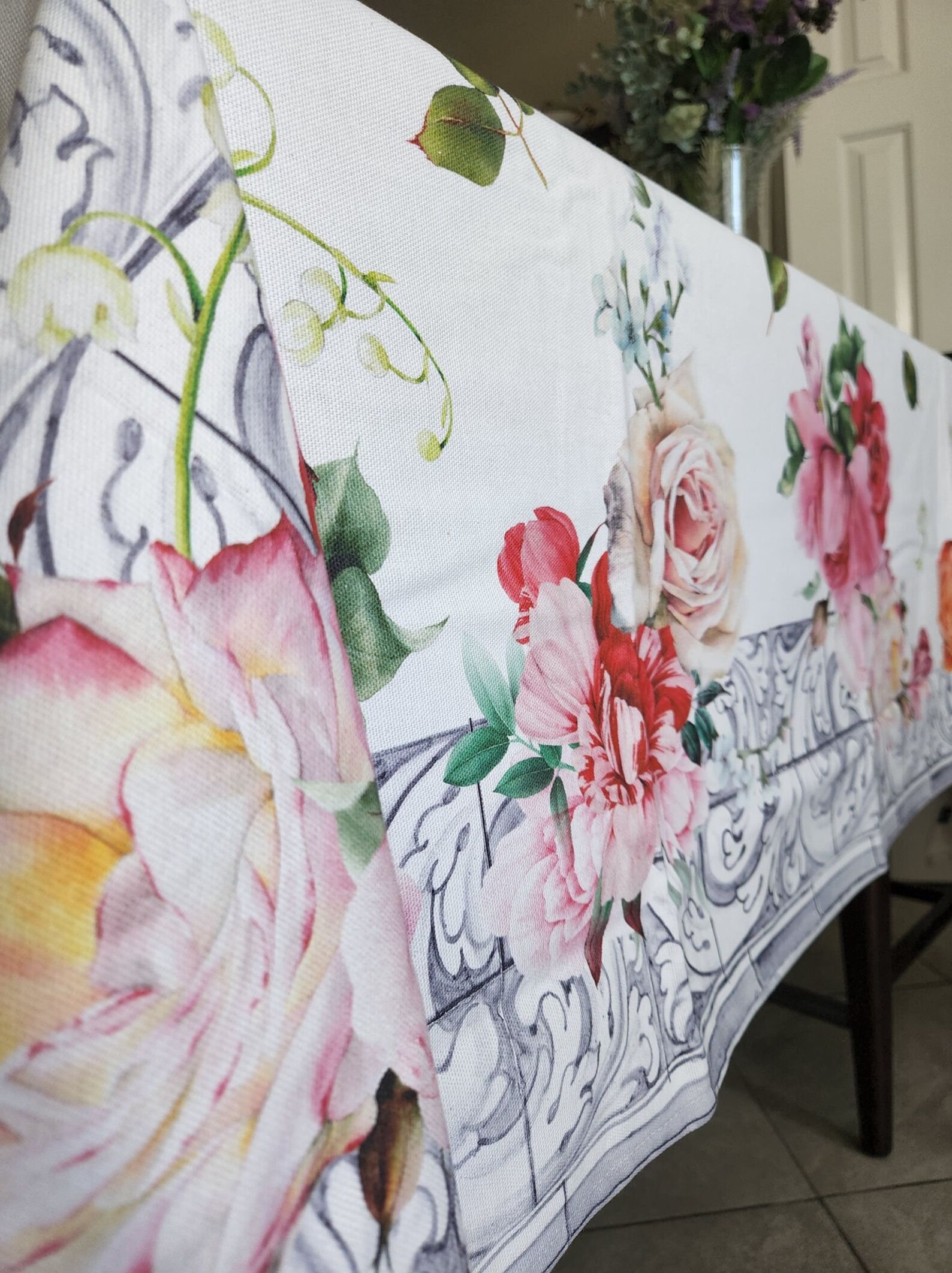 Pink Roses Tablecloth French Country Decor Cottage Floral Etsy