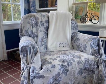 Blue Rose Sofa Cover: Cottage Chic Farmhouse Slipcover
