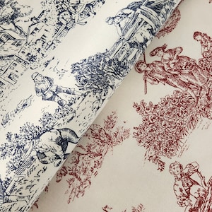 May include: Two fabric swatches with a white background and a repeating pattern of blue and red illustrations. The blue illustrations depict people and trees, while the red illustrations depict people, trees, and animals.