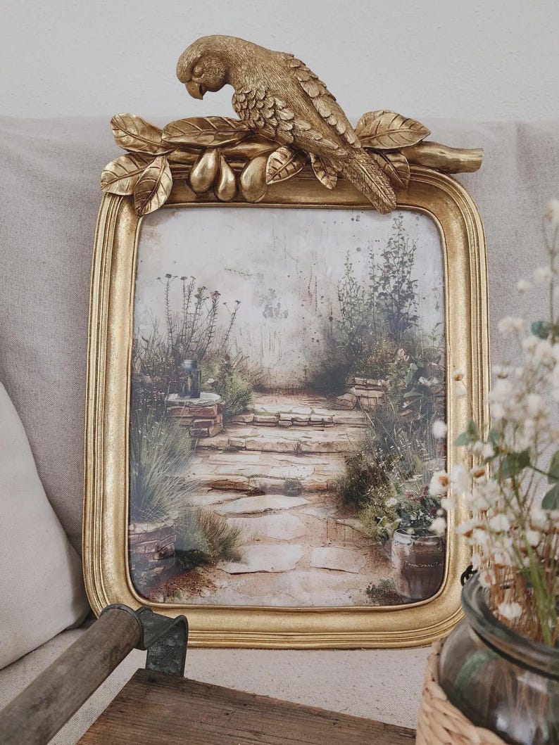 Ornate Gold & Green Parrot Picture Frame – 5x7 Tabletop - 11x14 Wall, Vintage / French Country Decor 11''x14'' Gold