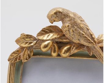 Ornate Parrot Picture Frame: Vintage Gold Green, French Country Decor