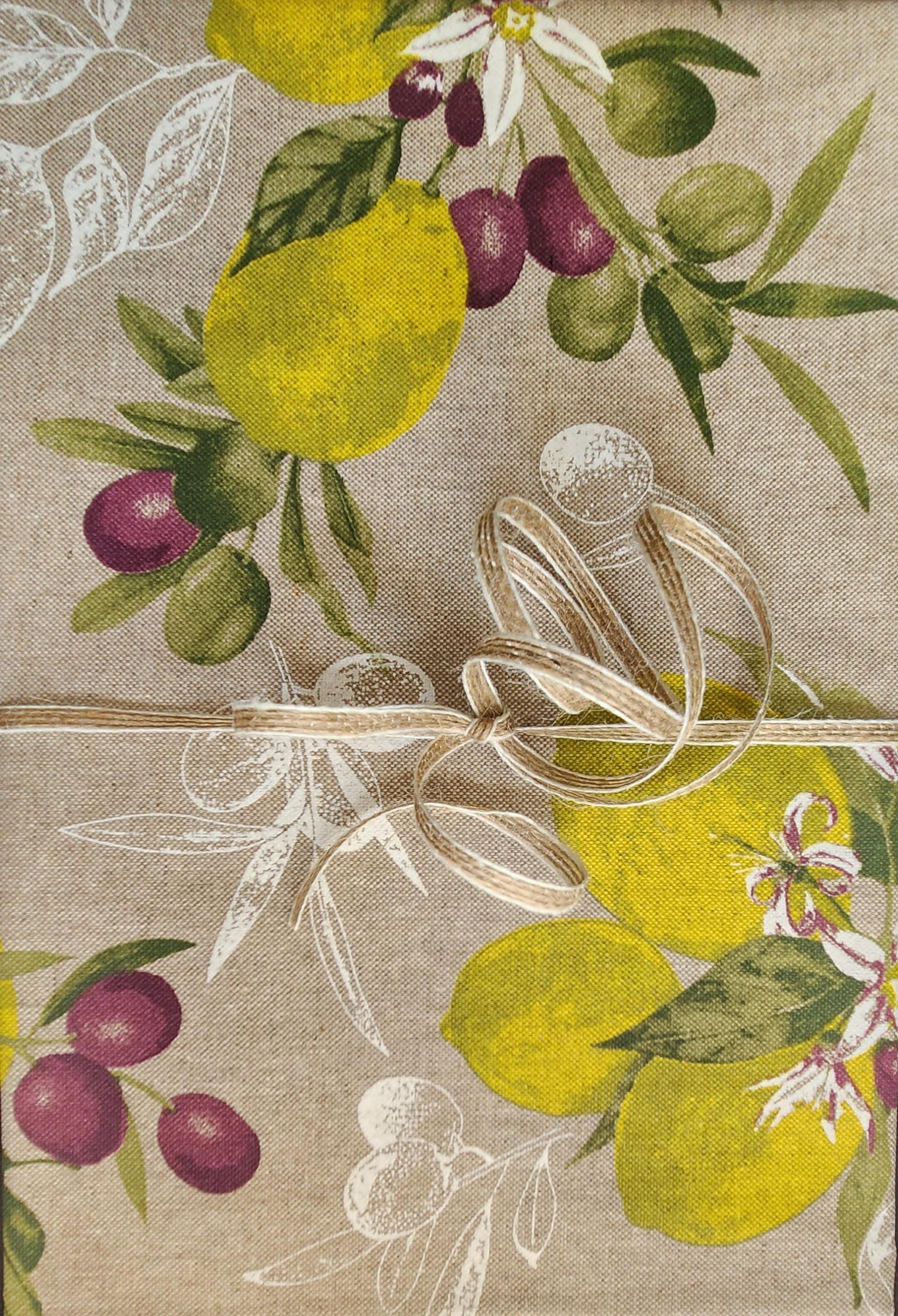 レモンプリントのテーブルクロス：拭きやすいコットン混紡、フレンチ